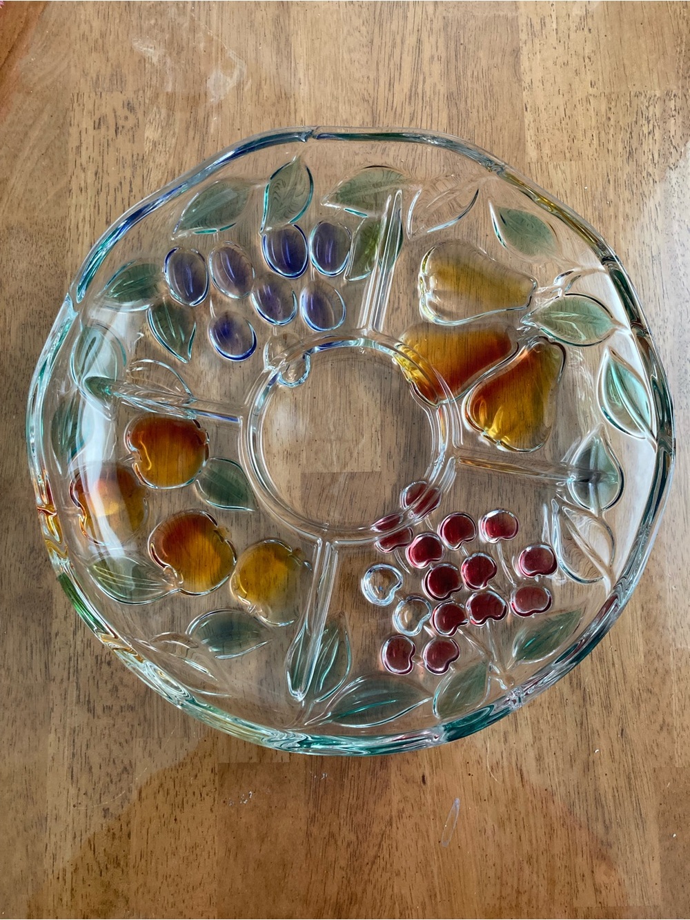 Mikasa style round fruit platter chip dip tray 5 section clear colorful glass